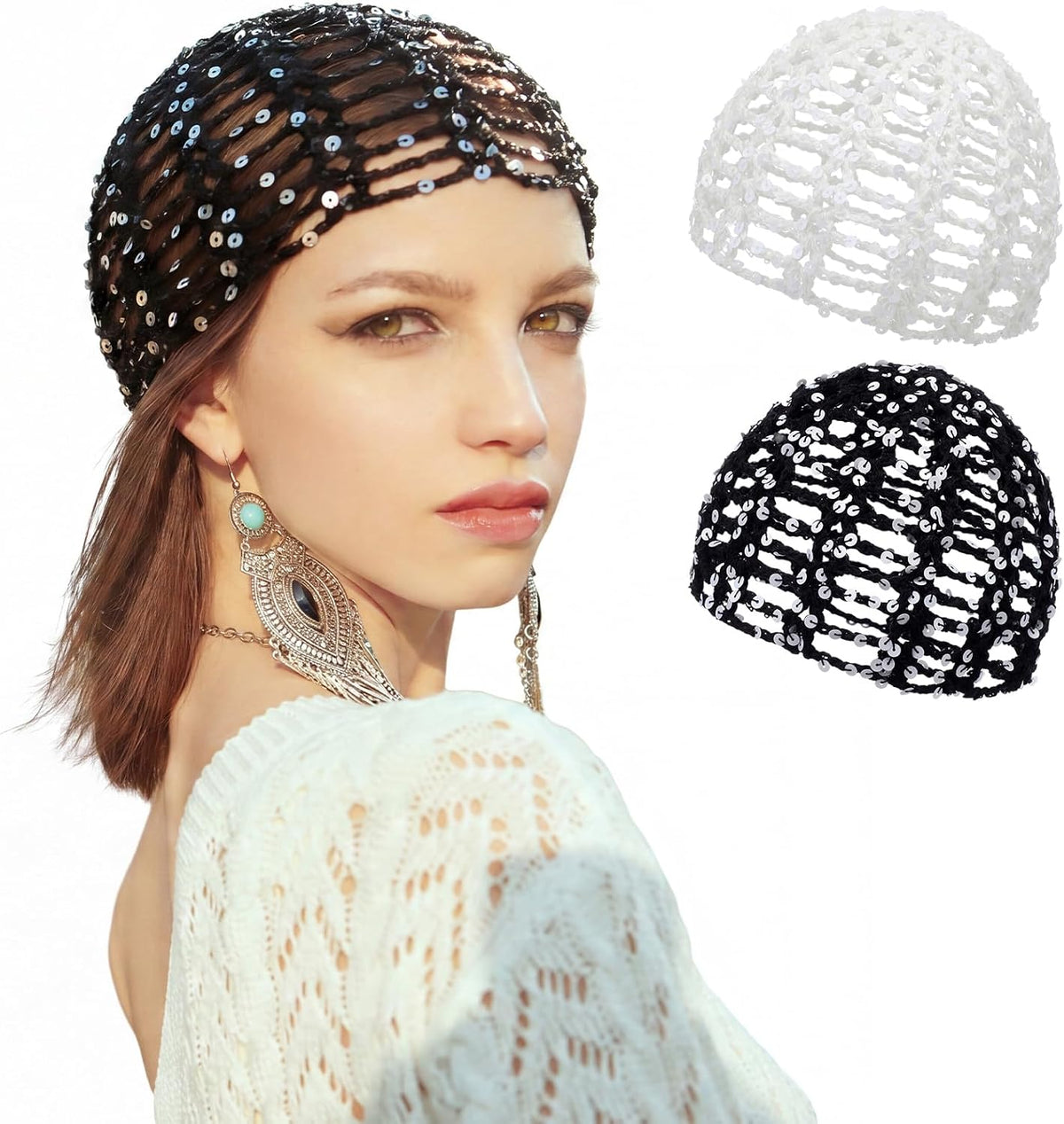 Cuffbow Gorro de ganchillo con lentejuelas brillantes, estilo bohem...