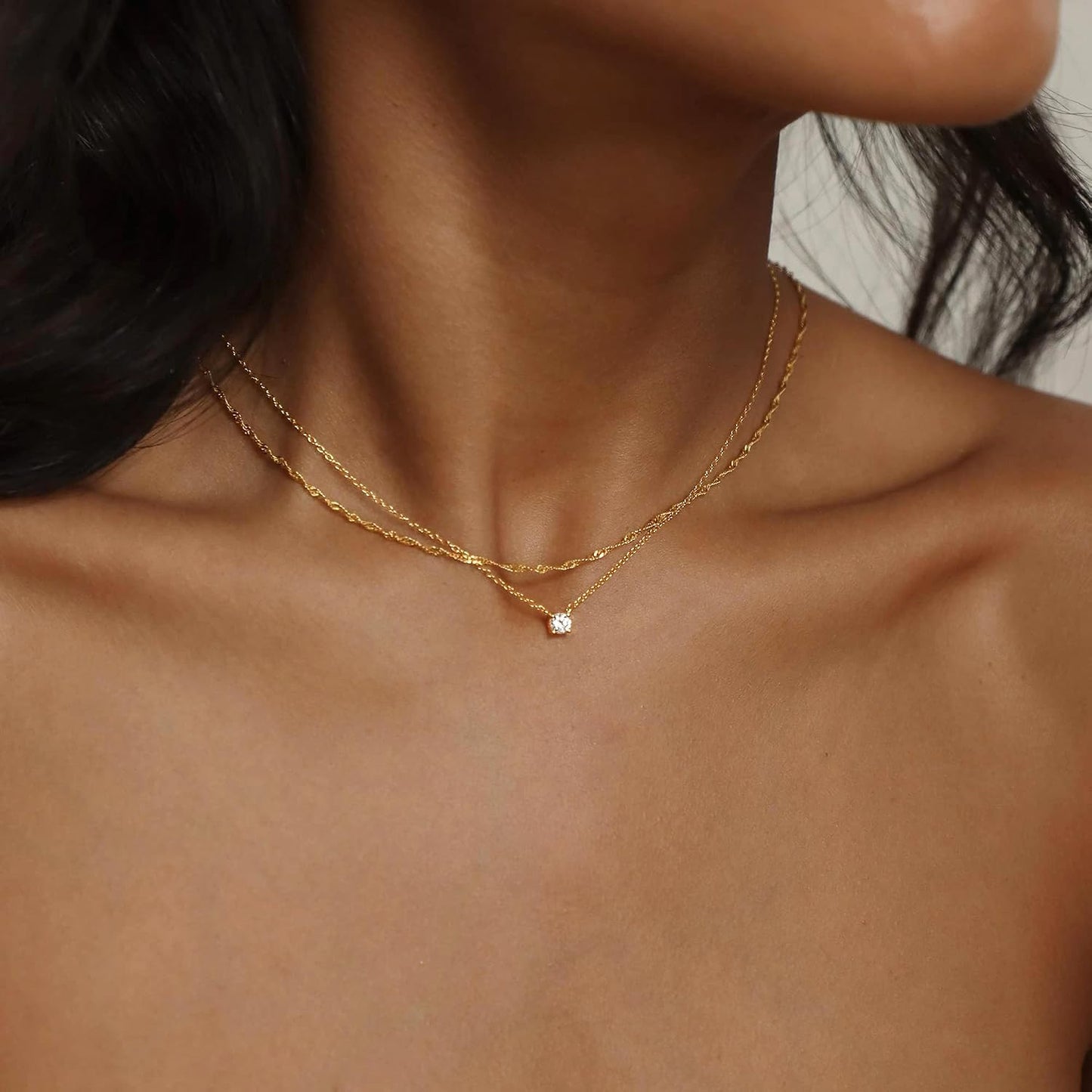 Tewiky delicados collares chapados en oro de 14 quilates con circon...