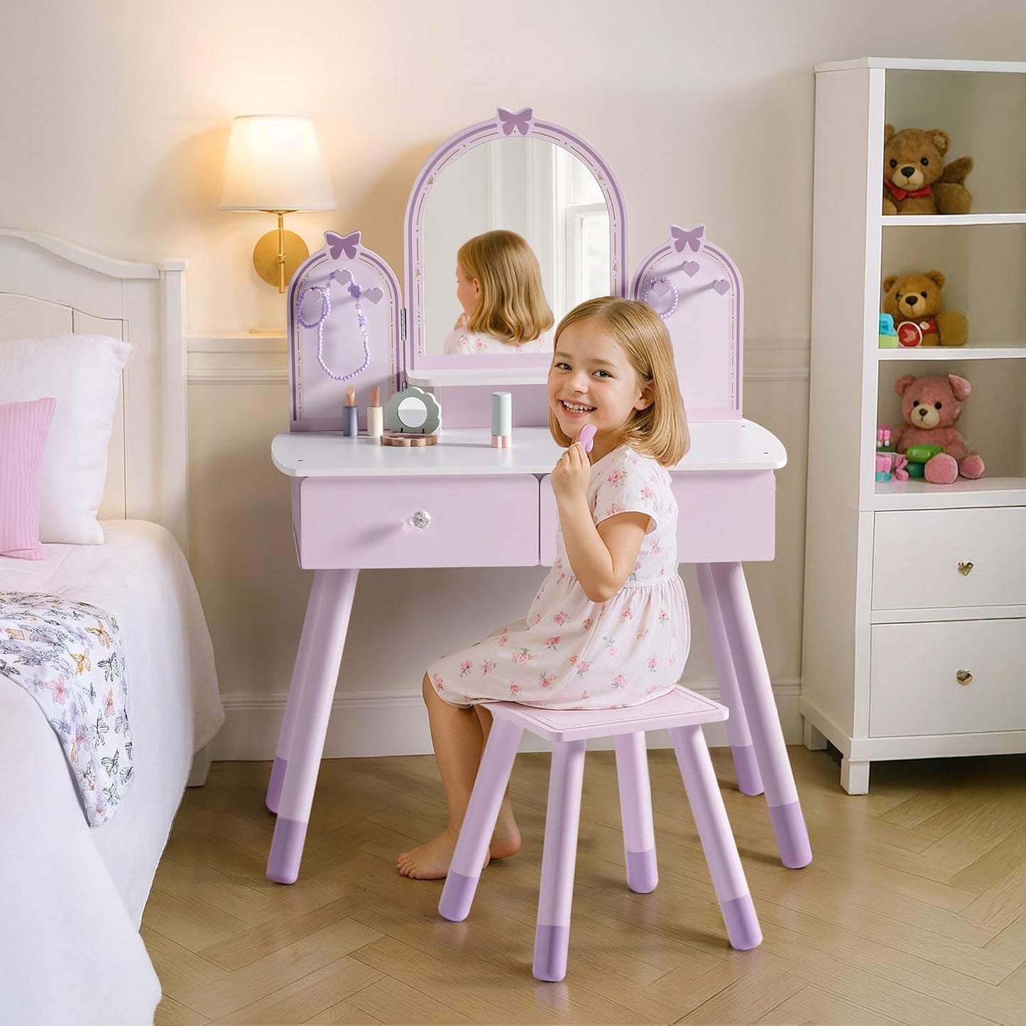 ROBUD - Juego de mesa de tocador para niños con espejo, cajón, sill...