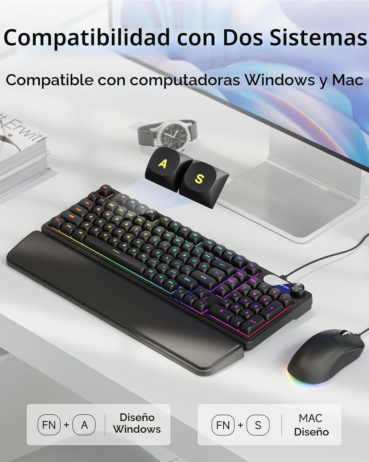 EWEADN Combo de teclado y mouse con cable con reposamuñecas desmont...