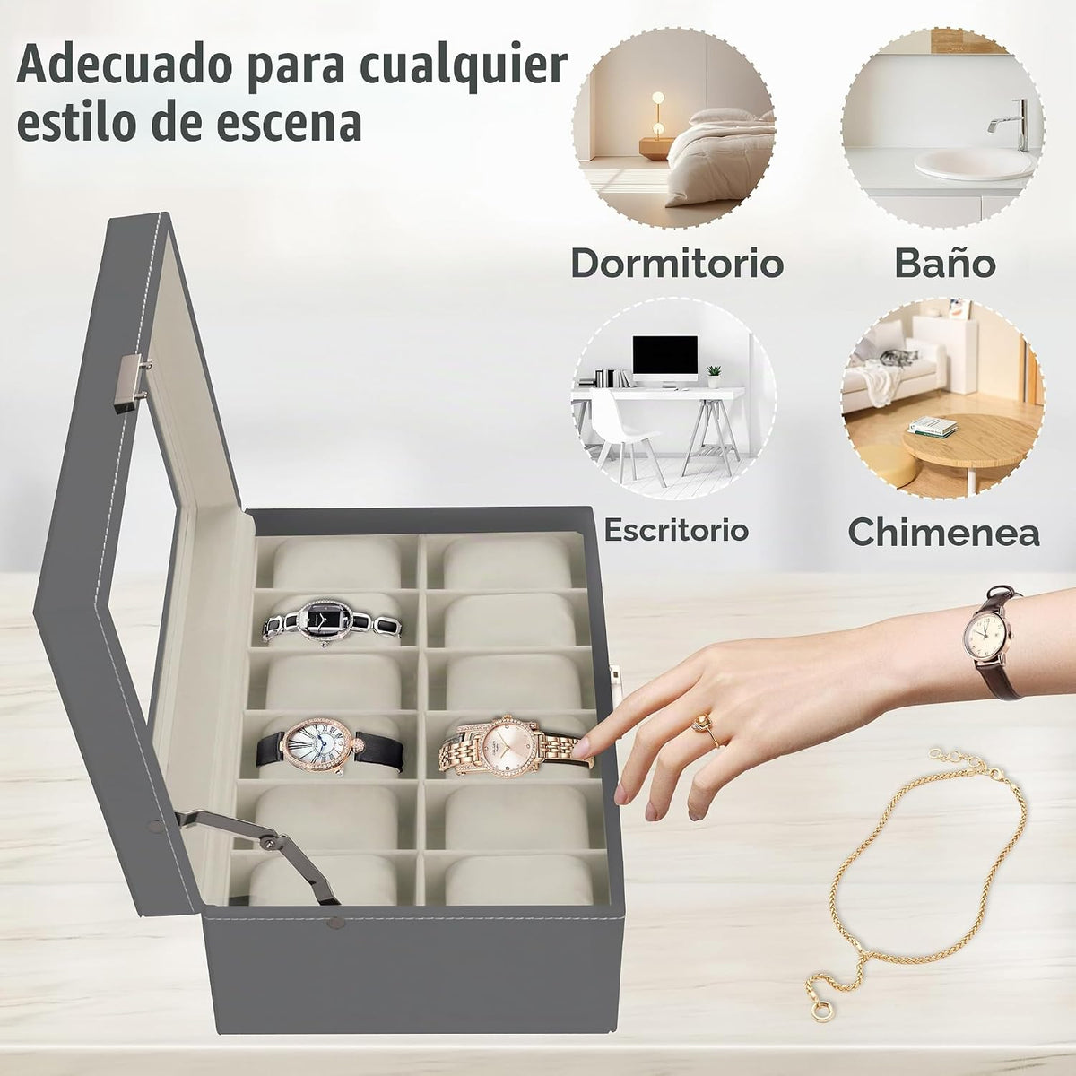 Ogrmar Caja de almacenamiento de reloj con cerradura de cuero PU de...