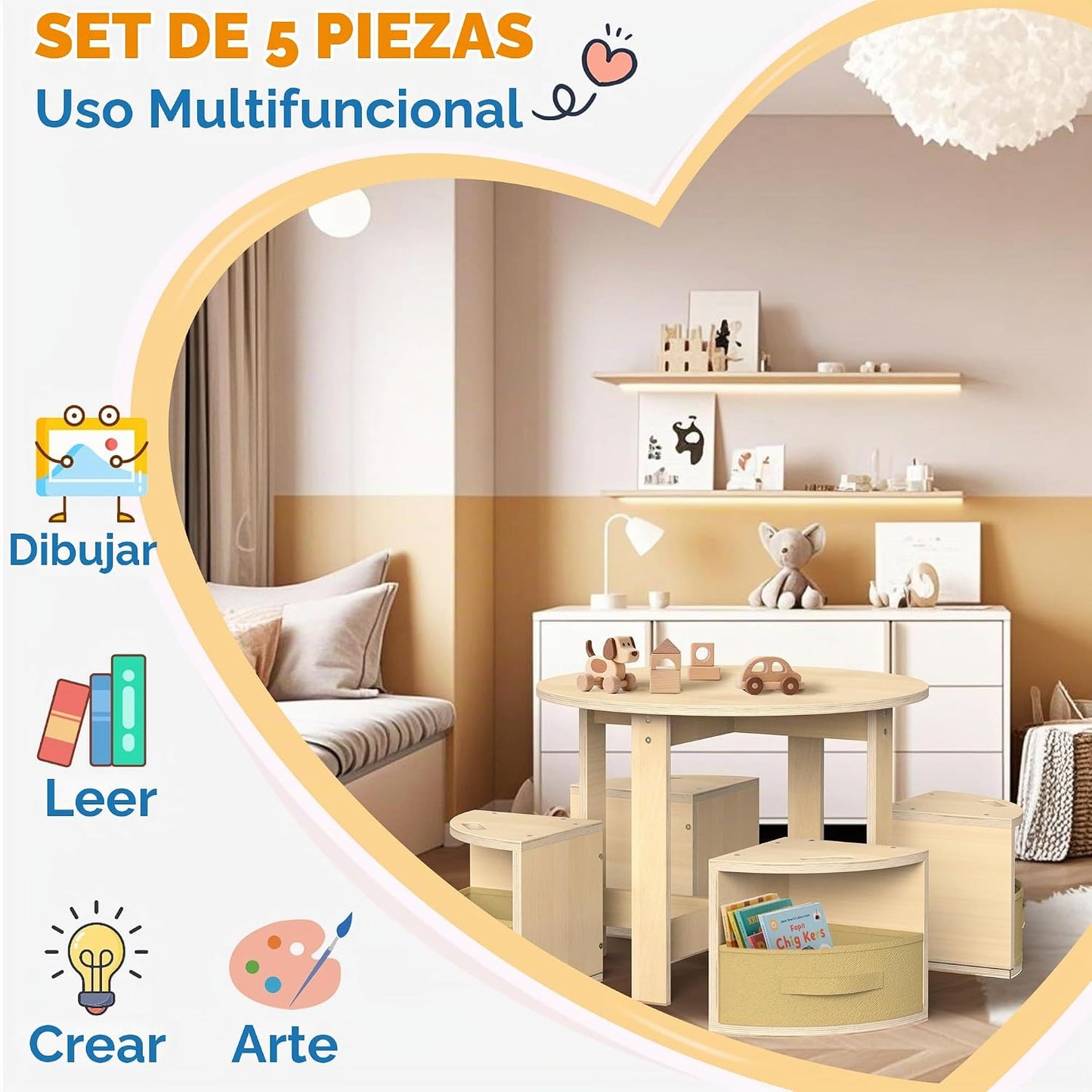 bbgroundgrm Juego de mesa y silla con 4 taburetes de almacenamiento...