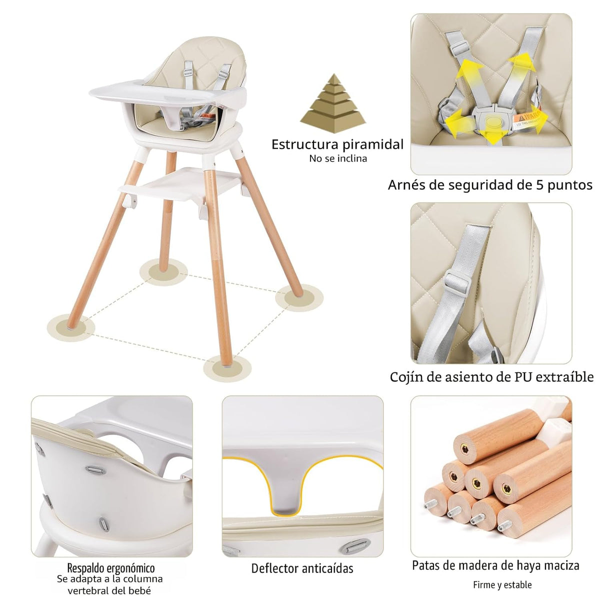 Silla alta para bebé 6 en 1, sillas altas convertibles de madera, c...