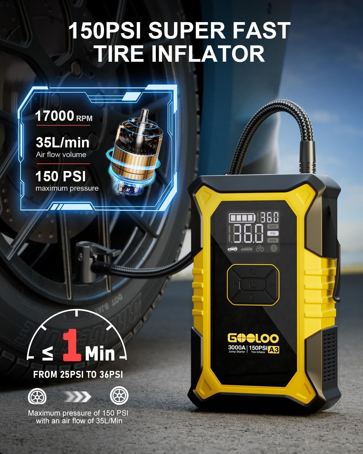 GOOLOO A3 12V 3000A Arrancador portátil con compresor de aire | 7 e...