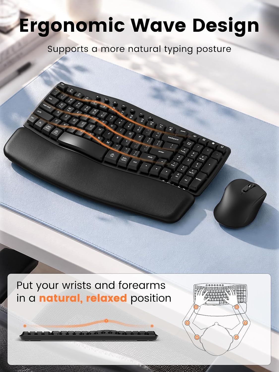 SABLUTE MA61 Teclado inalámbrico y mouse ergonómico, teclas de onda...