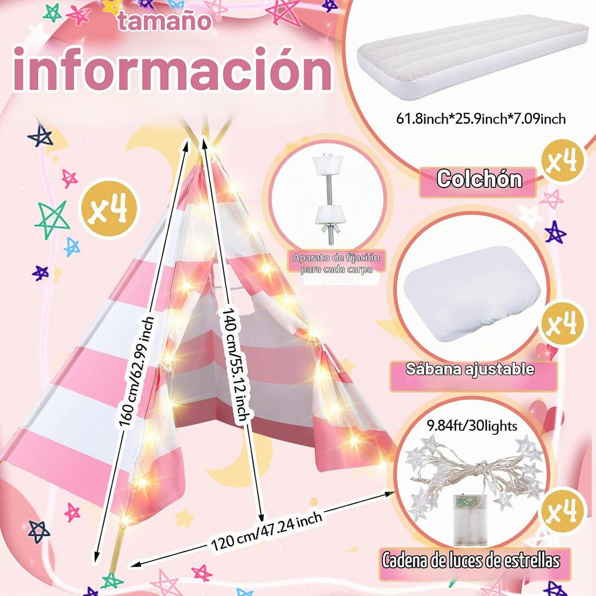 Lemosae Paquete de 4 tiendas de campaña tipo tipi para fiestas de p...