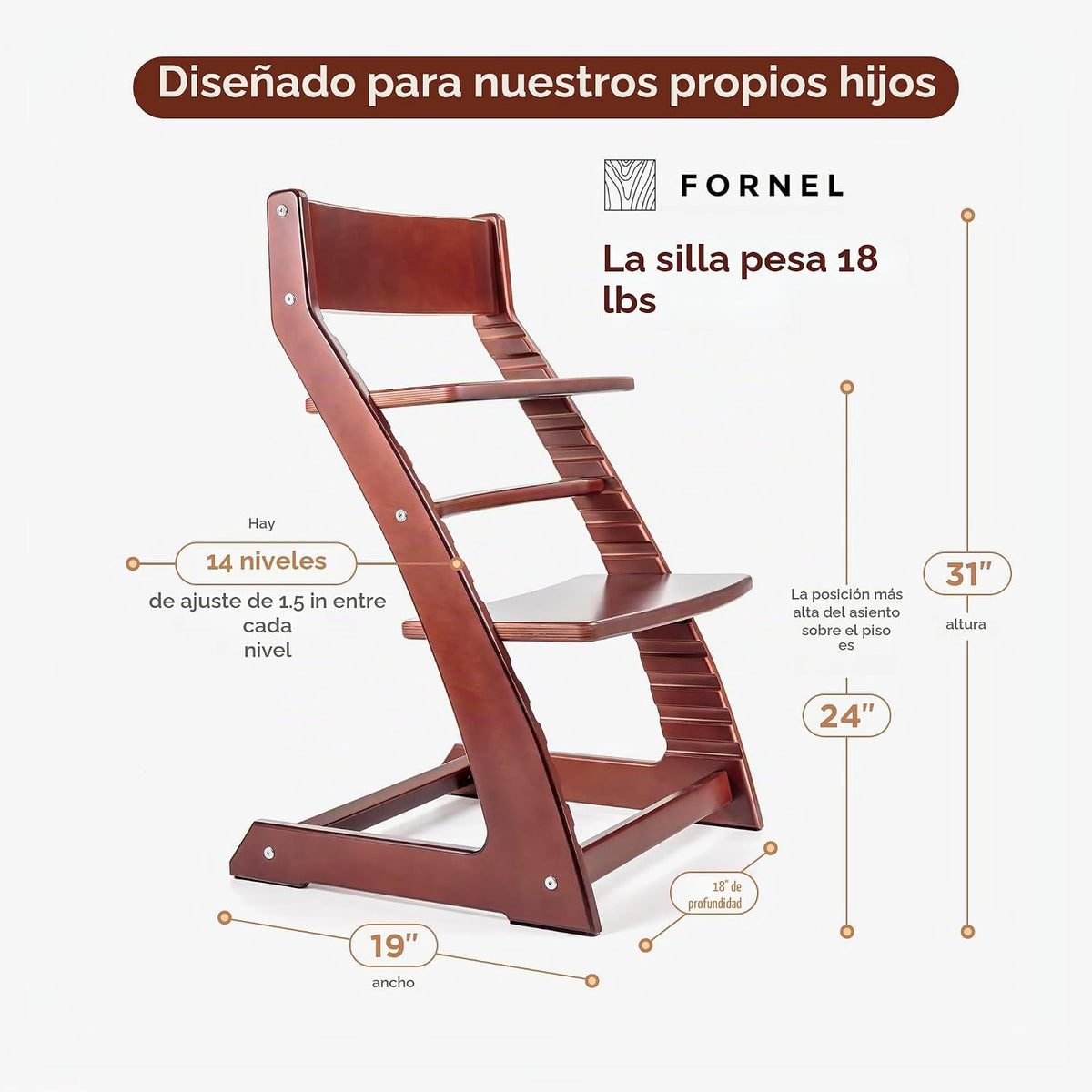 FORNEL Silla alta ajustable en acabado de nogal oscuro, la silla Fo...