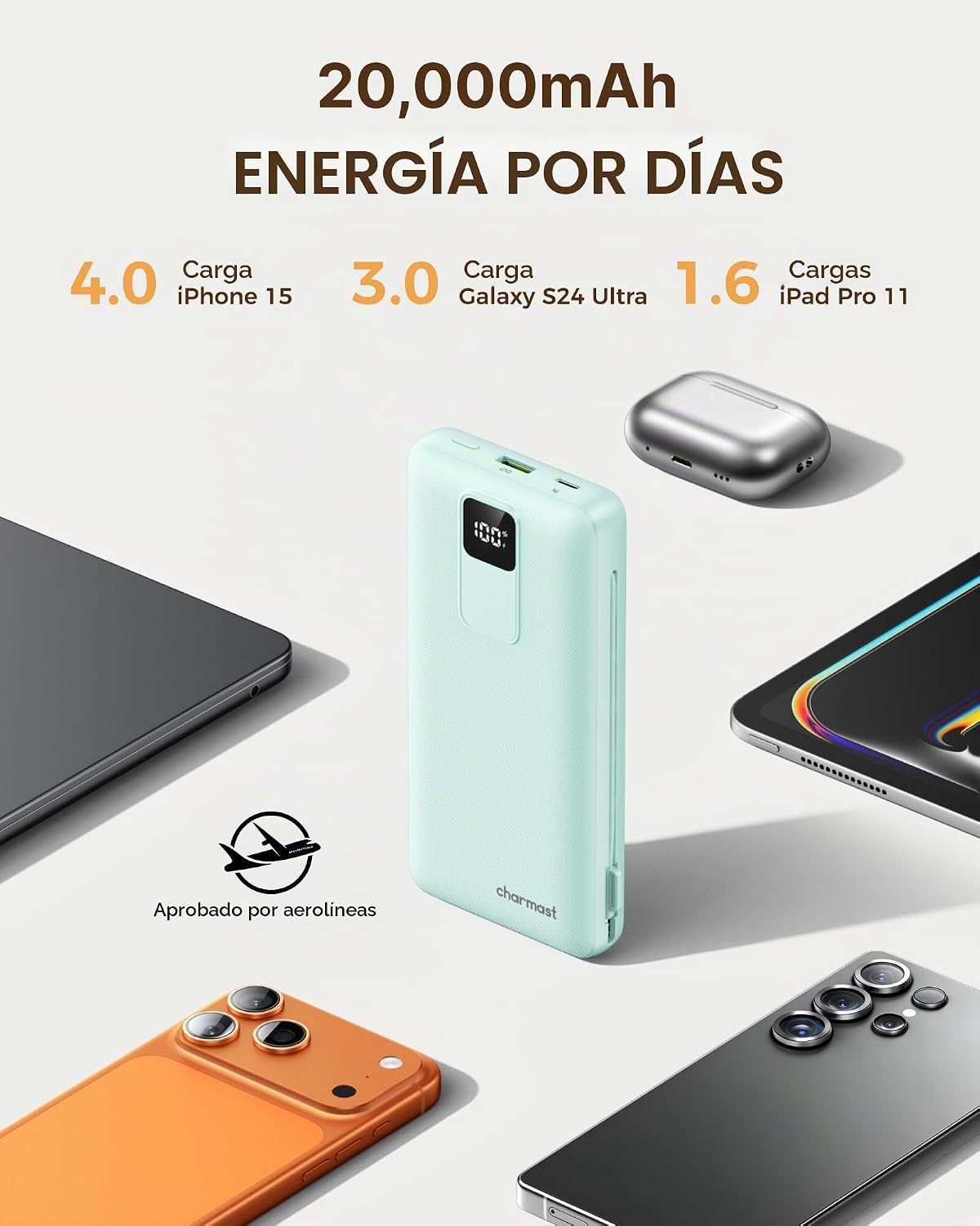 Cargador portátil Charmast con cables incorporados y enchufe de par...