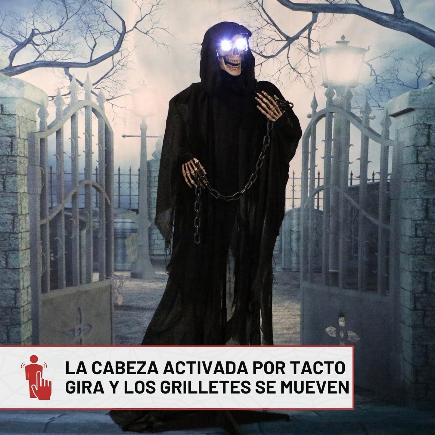 Haunted Hill Farm Parca aterradora de tamaño real con cadena, anima...