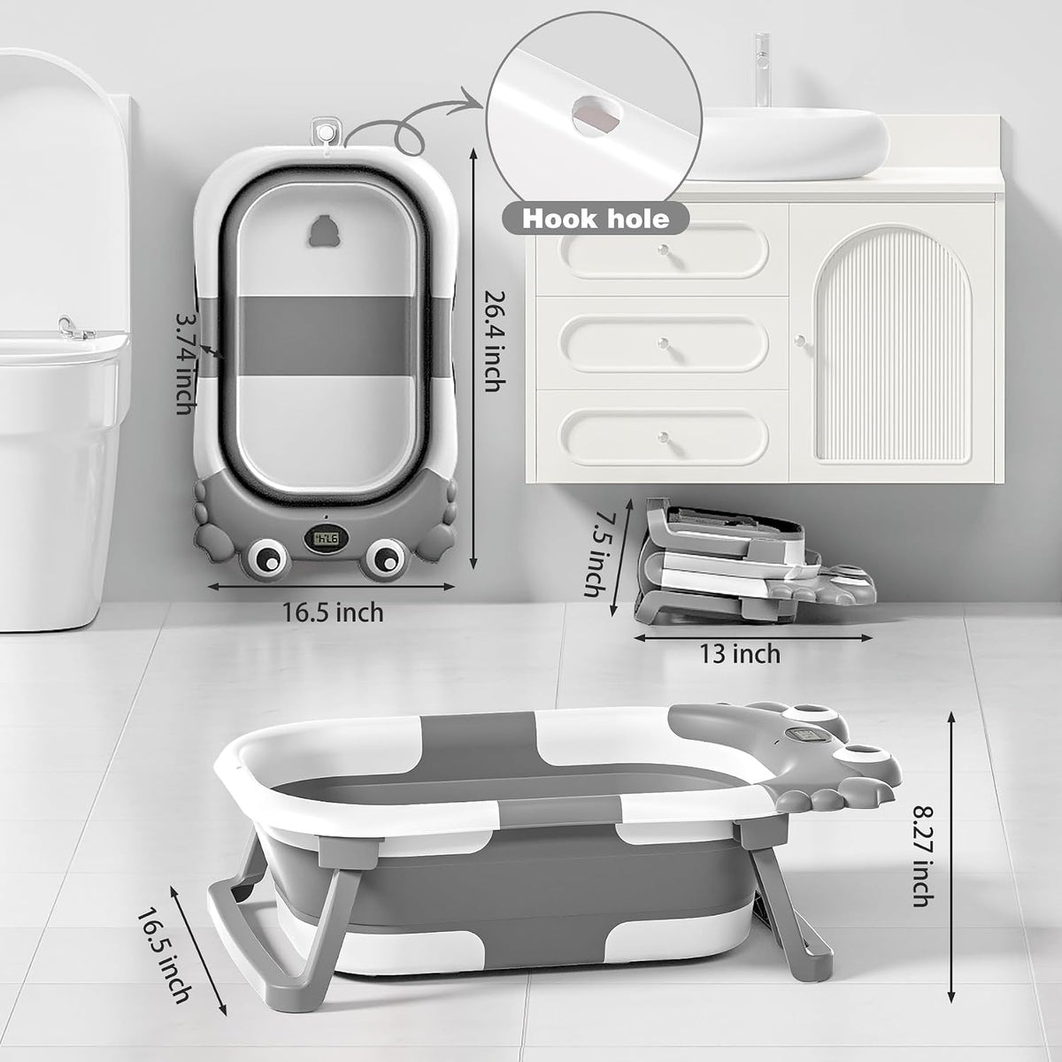 Bañera plegable para bebés recién nacidos con termómetro y cojín fl...