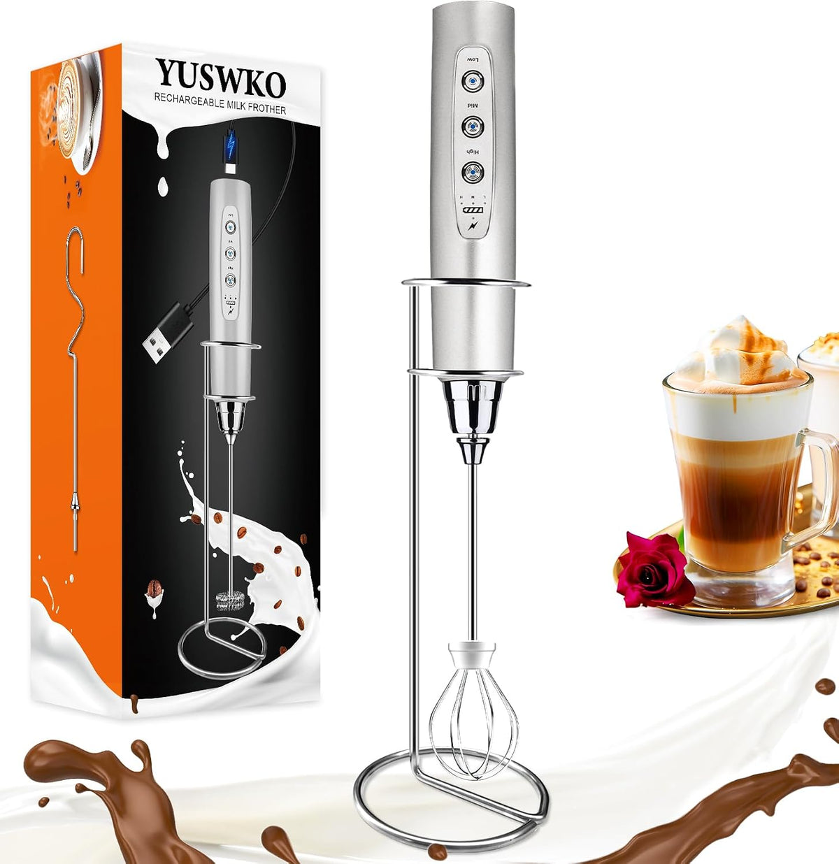 YUSWKO - Espumador de leche recargable USB de mano con 3 cabezas, m...