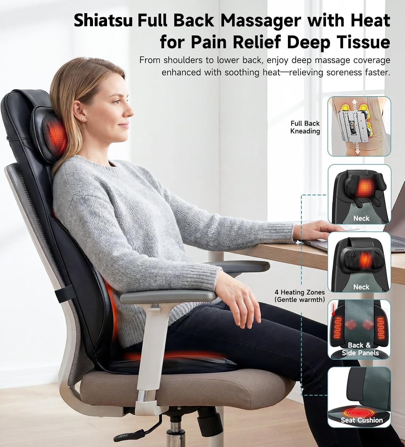 Shiatsu Masajeador de cuello y espalda para silla con calor, 2 cabe...
