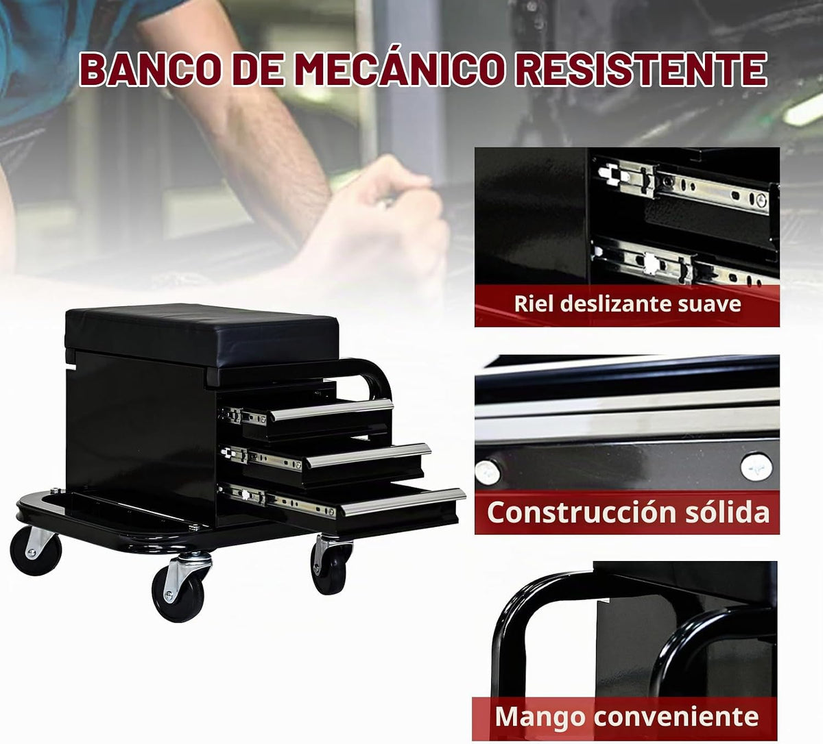Taburete mecánico rodante con ruedas, asiento deslizante con 3 cajo...