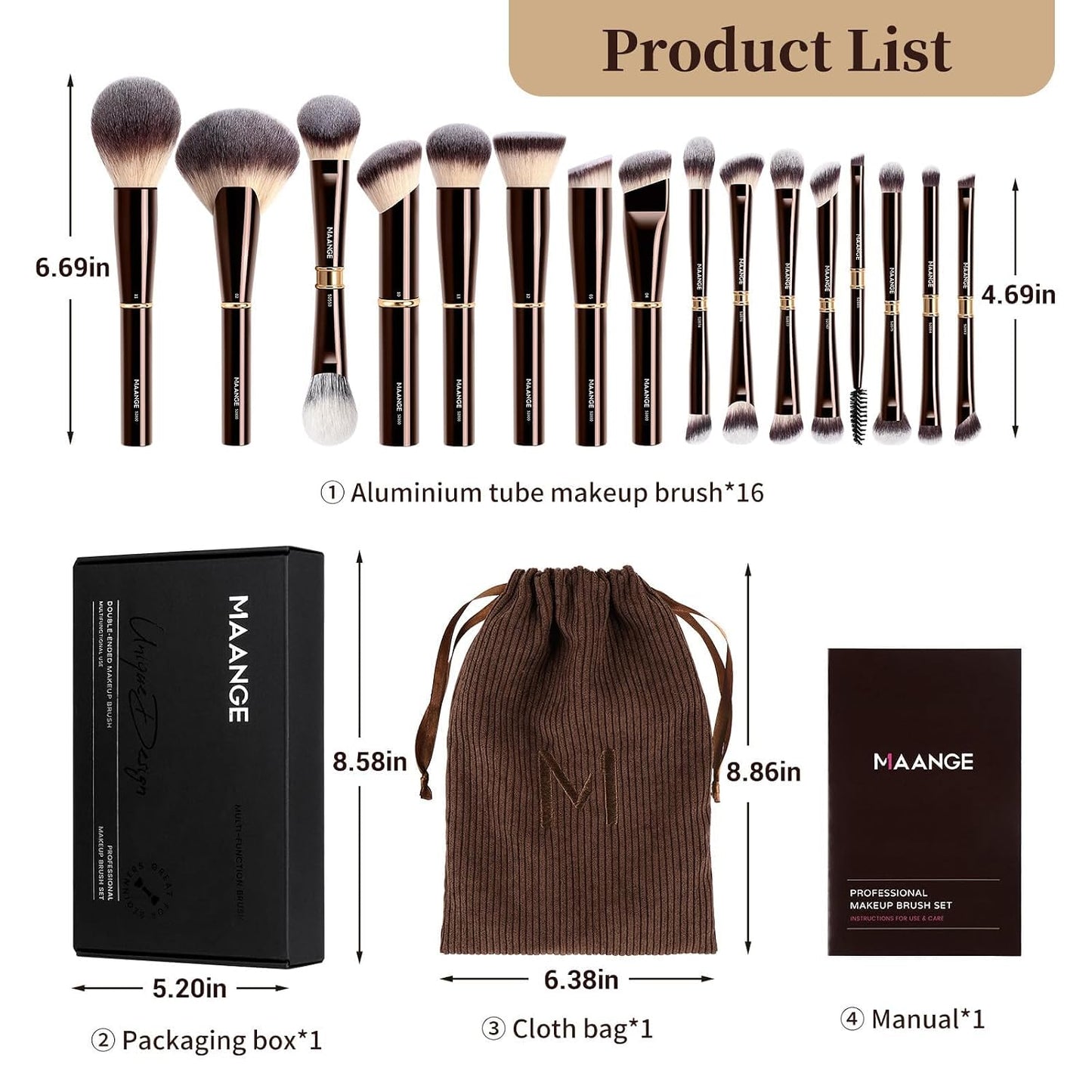 MAANGE Juego de 16 brochas de maquillaje profesionales para base, p...