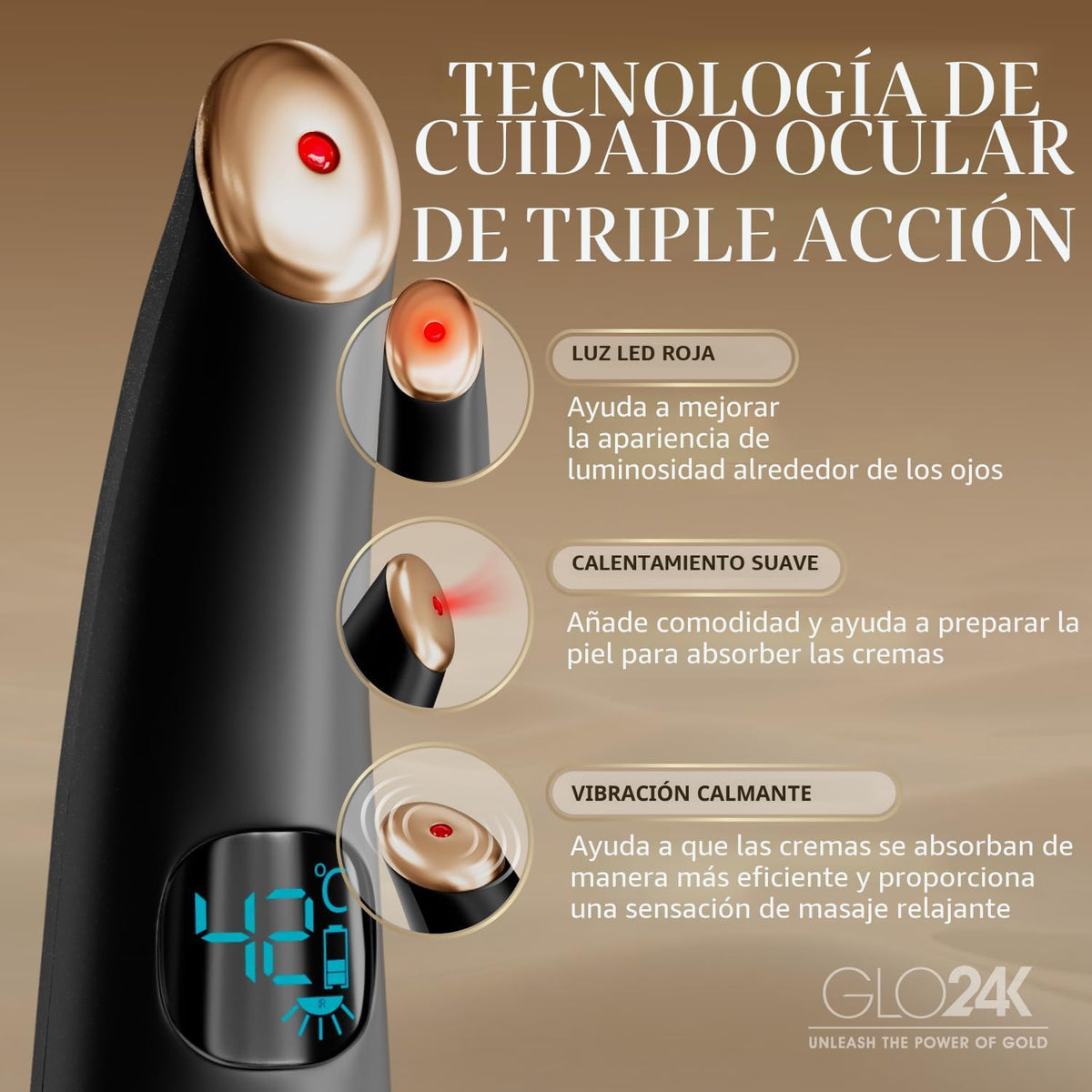 Varita masajeadora de ojos calentada GLO24K con vibración para el c...