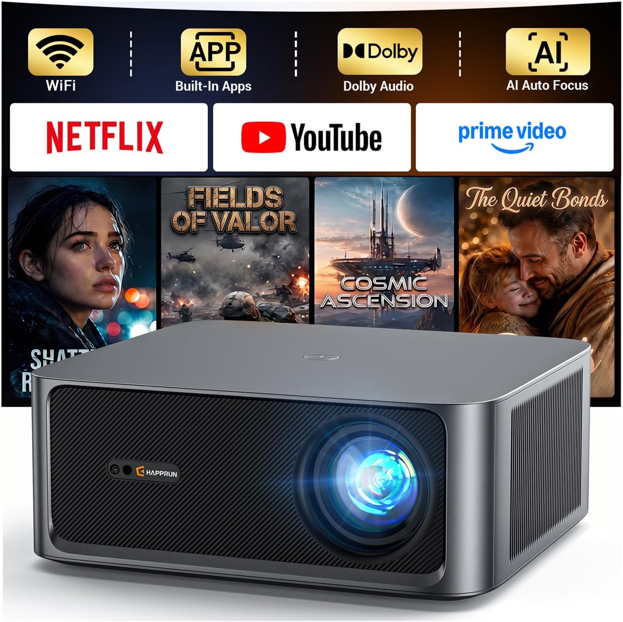 Proyector para exteriores HAPPRUN de 3000 lúmenes ANSI con aplicaci...