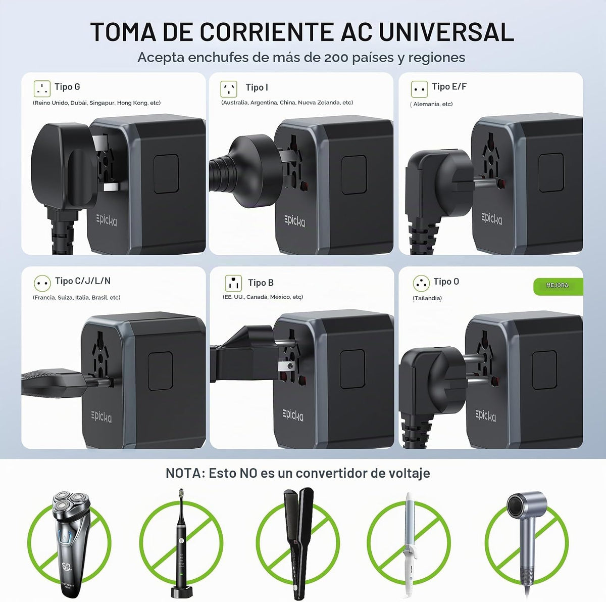 EPICKA Adaptador de viaje universal, adaptador de enchufe de viaje...