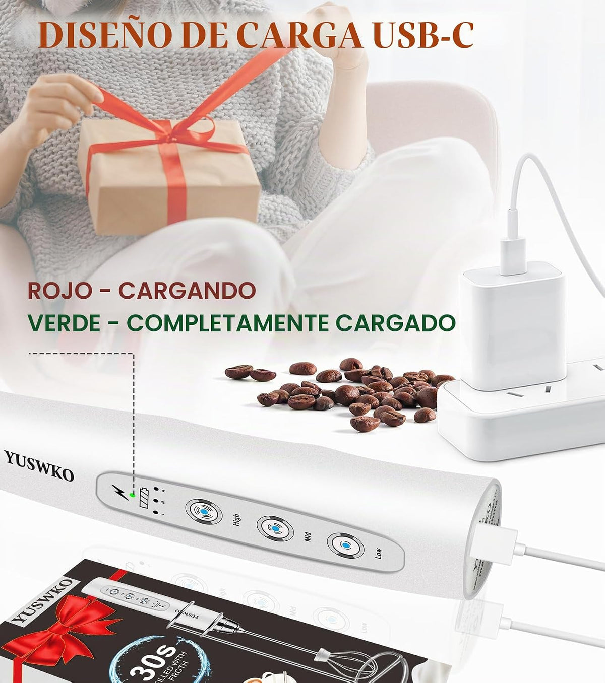 YUSWKO Varita espumadora de leche de mano para café, batidor eléctr...