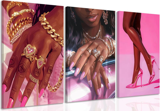 Juego de 3 pósters de pared de mujer afroamericana en tonos rosa y...