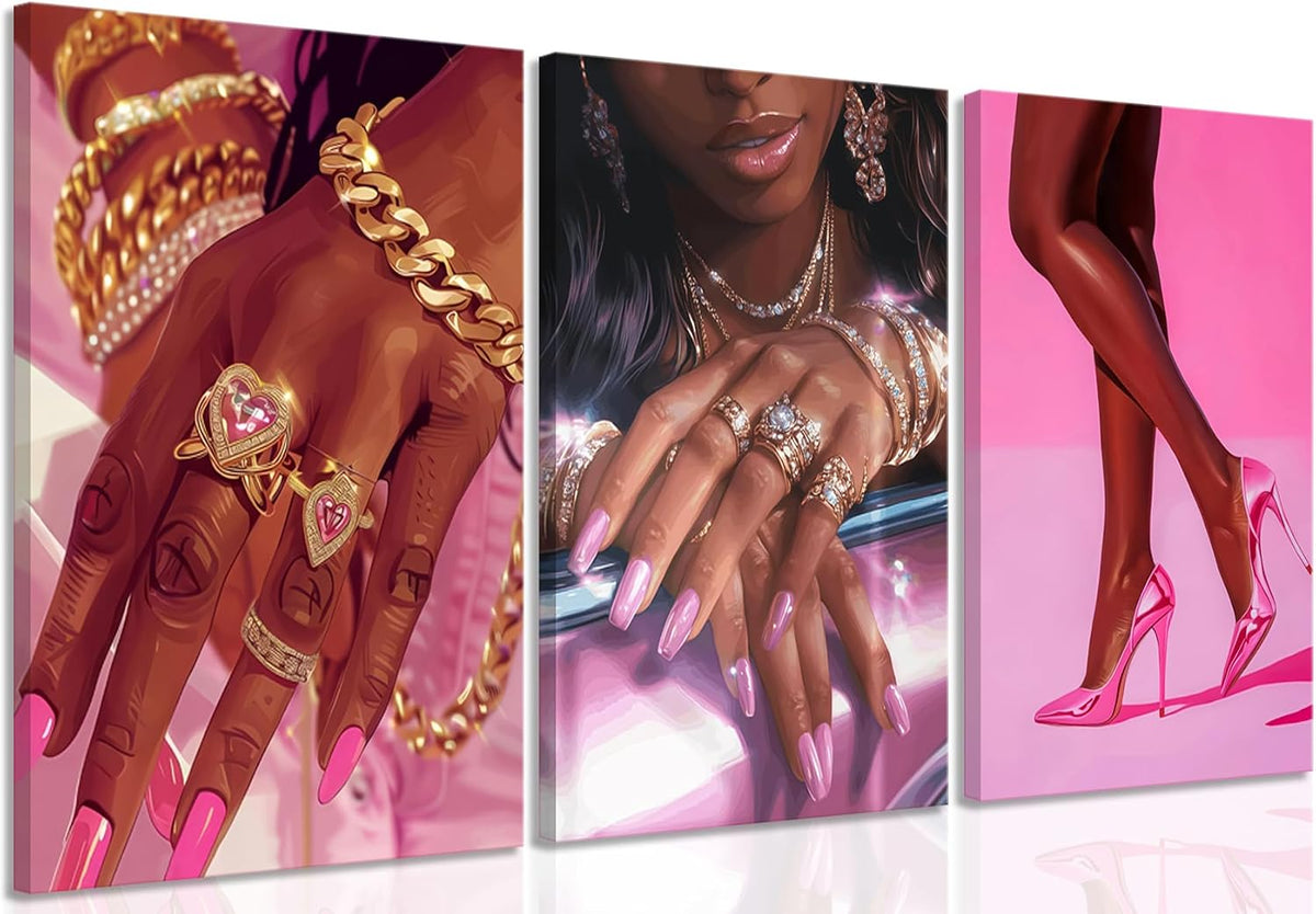 Juego de 3 pósters de pared de mujer afroamericana en tonos rosa y...