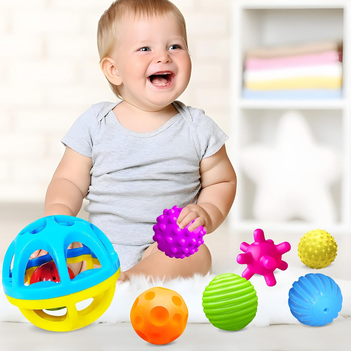ROHSCE Pelotas sensoriales, juguetes Montessori con sonajero de beb...
