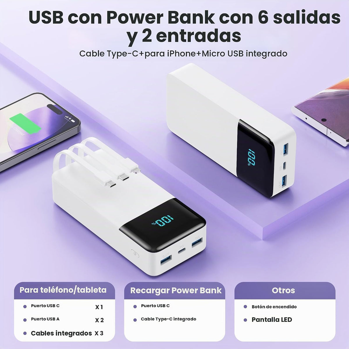 Cargador portátil de 50800 mAh, batería de carga rápida USB C de 25...