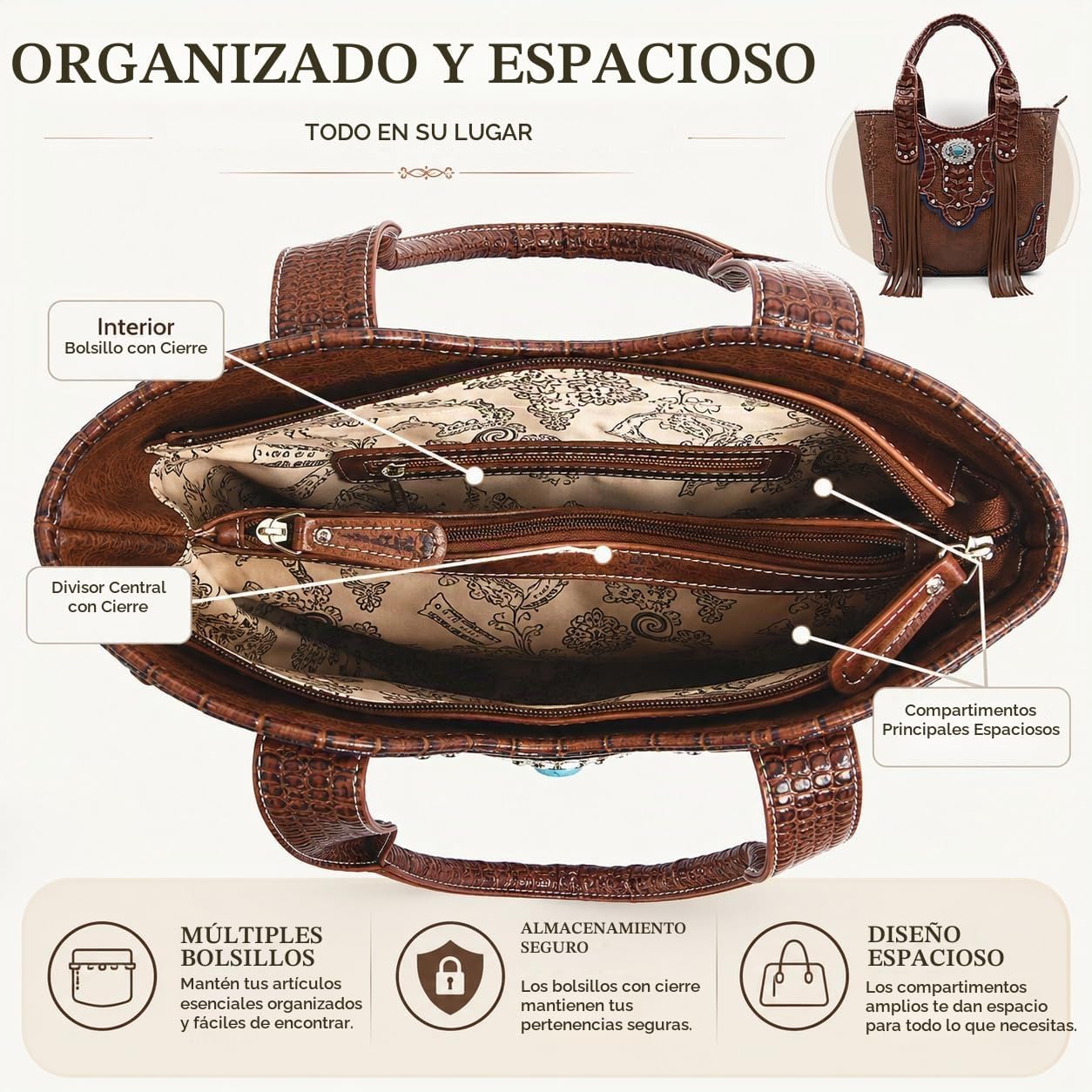 Estilo occidental vaquera tejida con flecos de cocodrilo magnífico...