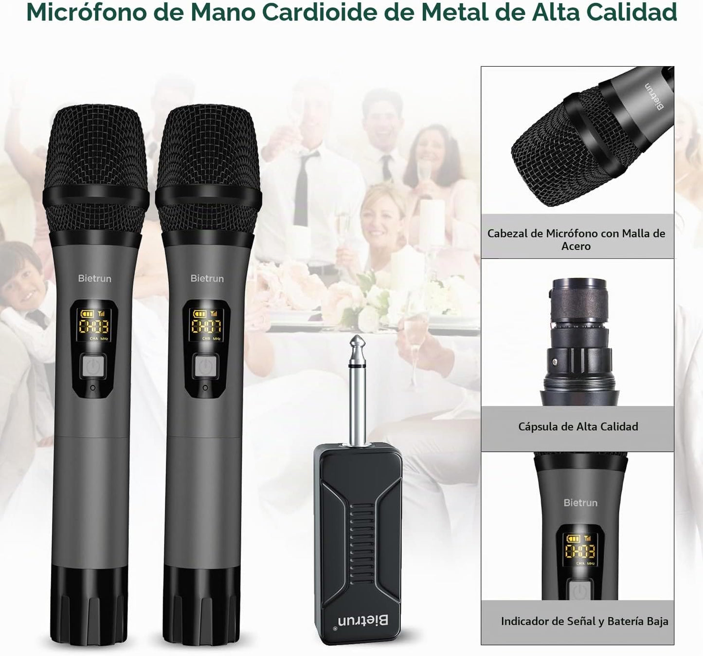 Micrófono inalámbrico, juego de micrófonos UHF de metal de Bietrun,...