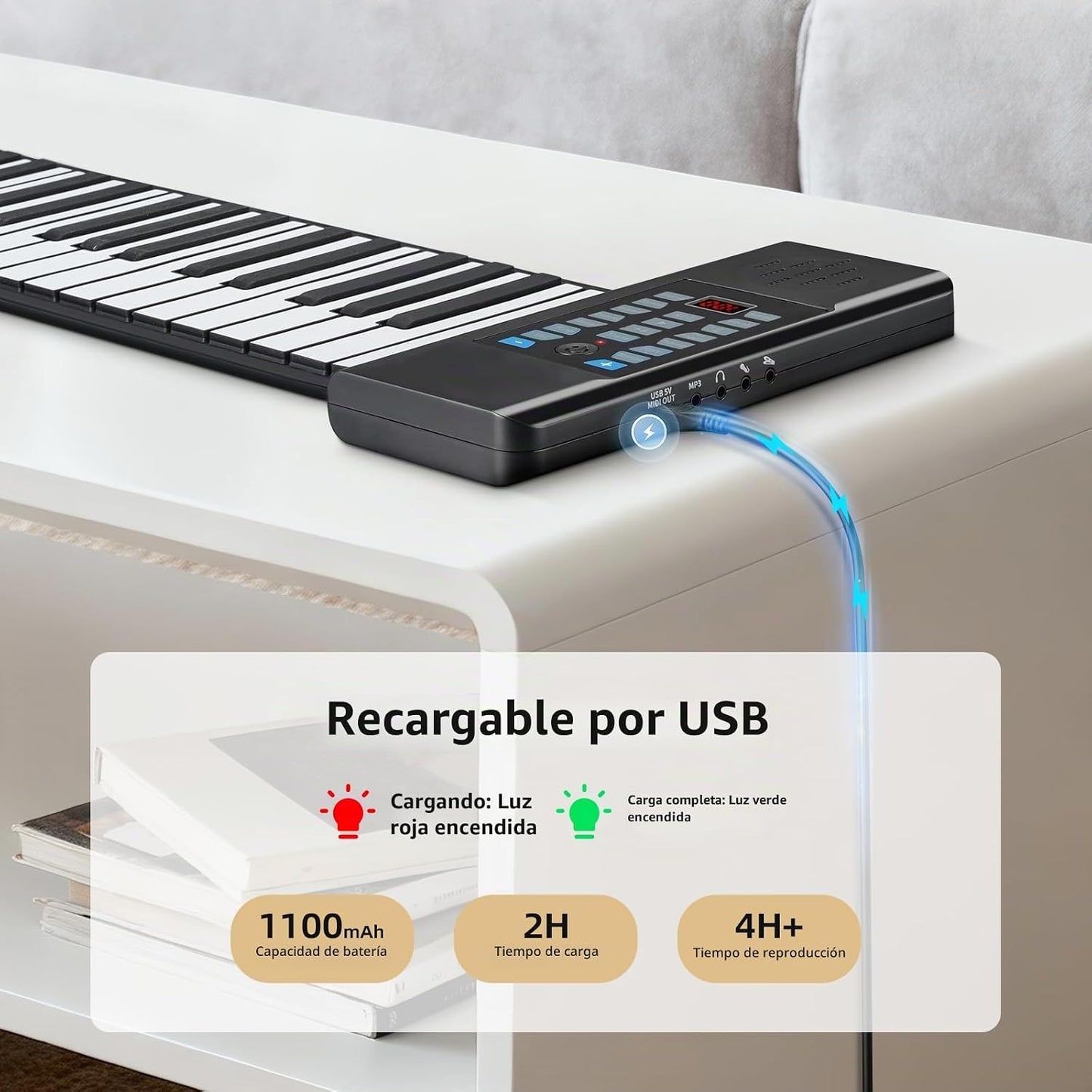 POGOLAB Piano de teclado enrollable de 61 teclas, piano plegable el...