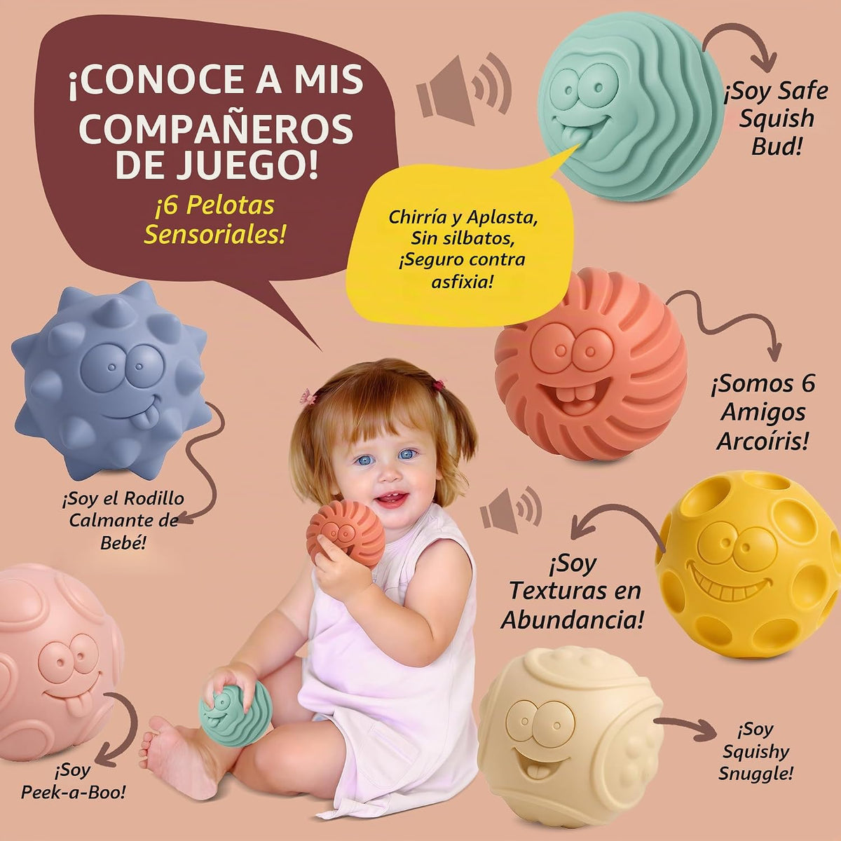 ROHSCE 6 bolas sensoriales para bebé, bolas texturizadas suaves par...