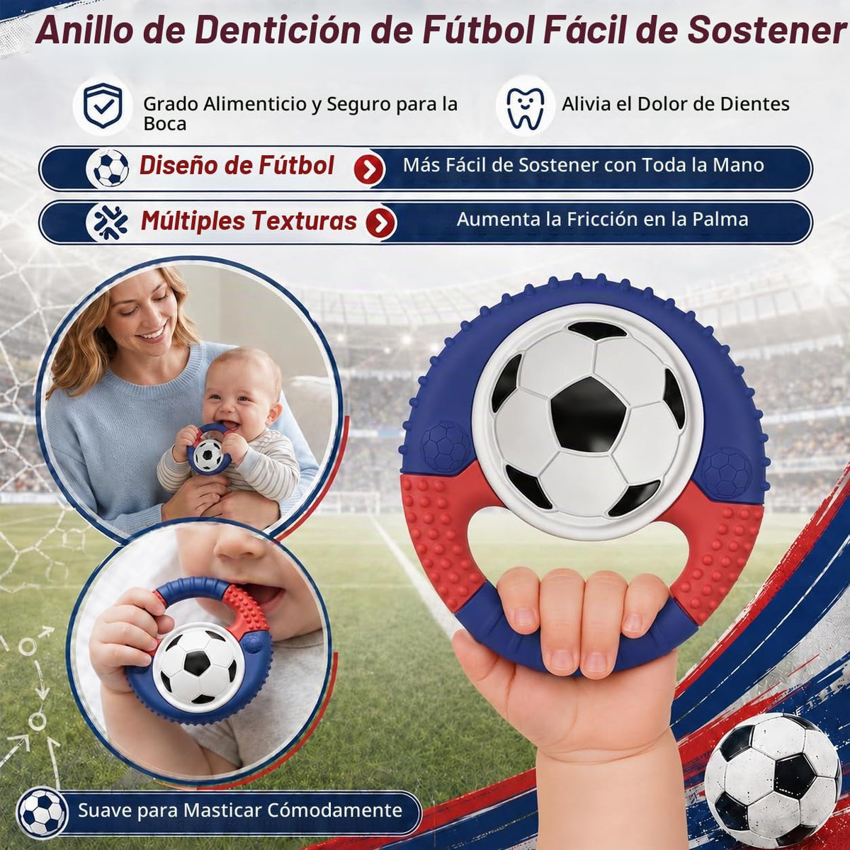 Juguetes de dentición de silicona para bebés con temática de fútbol...