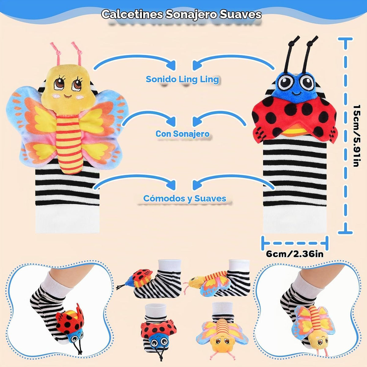 Juguetes para bebés de 0 a 6 meses - Sonajeros de muñeca y calcetin...