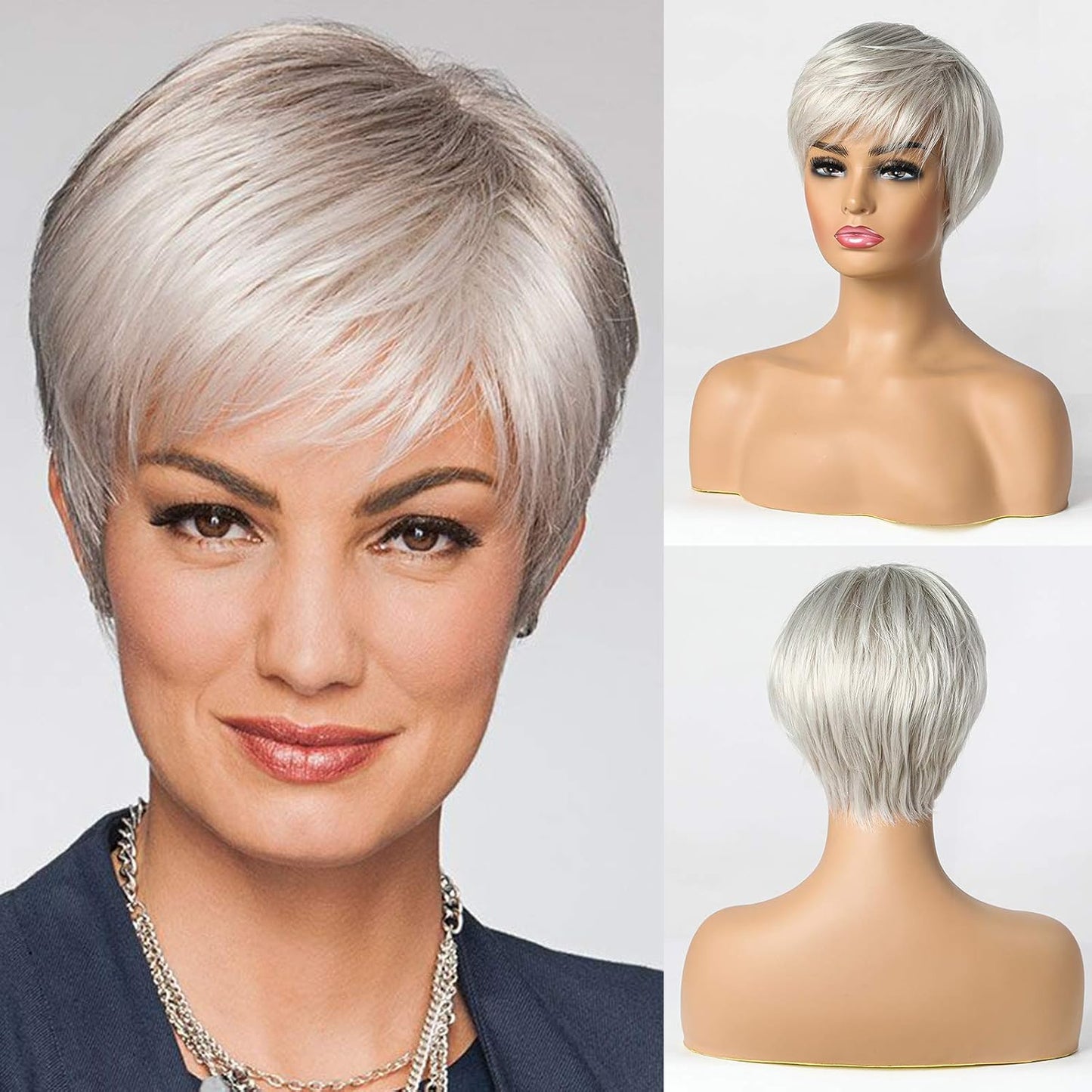 EMMOR Pelucas cortas de mezcla de cabello humano gris plateado para...