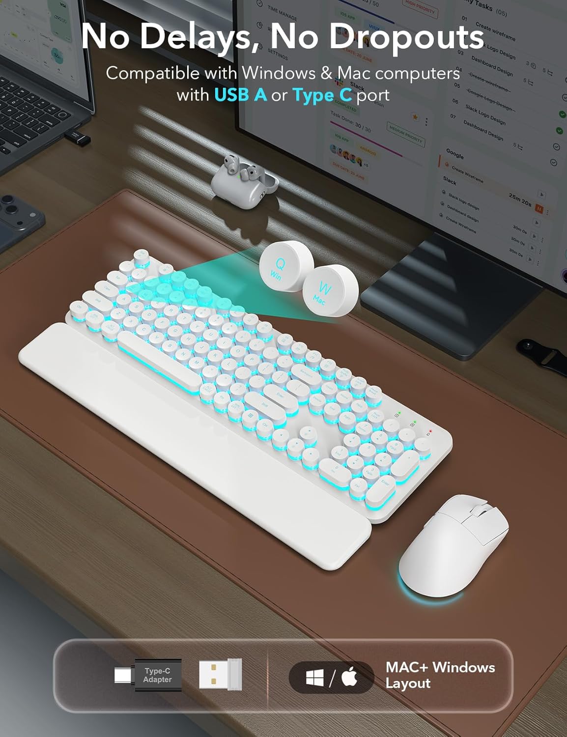 Teclado inalámbrico y mouse retroiluminados, teclado de máquina de...