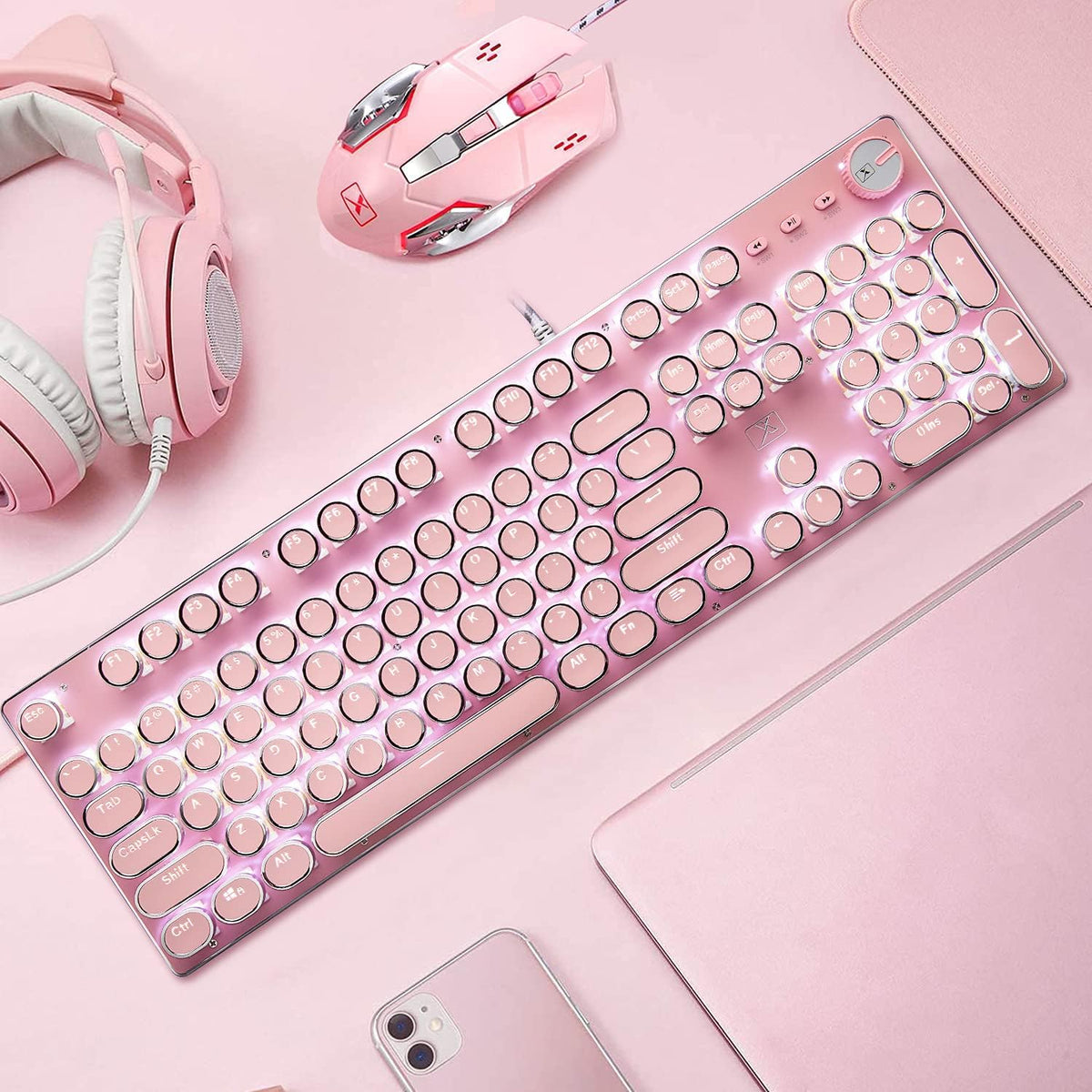 Teclado y mouse de máquina de escribir rosa, teclado mecánico retro...