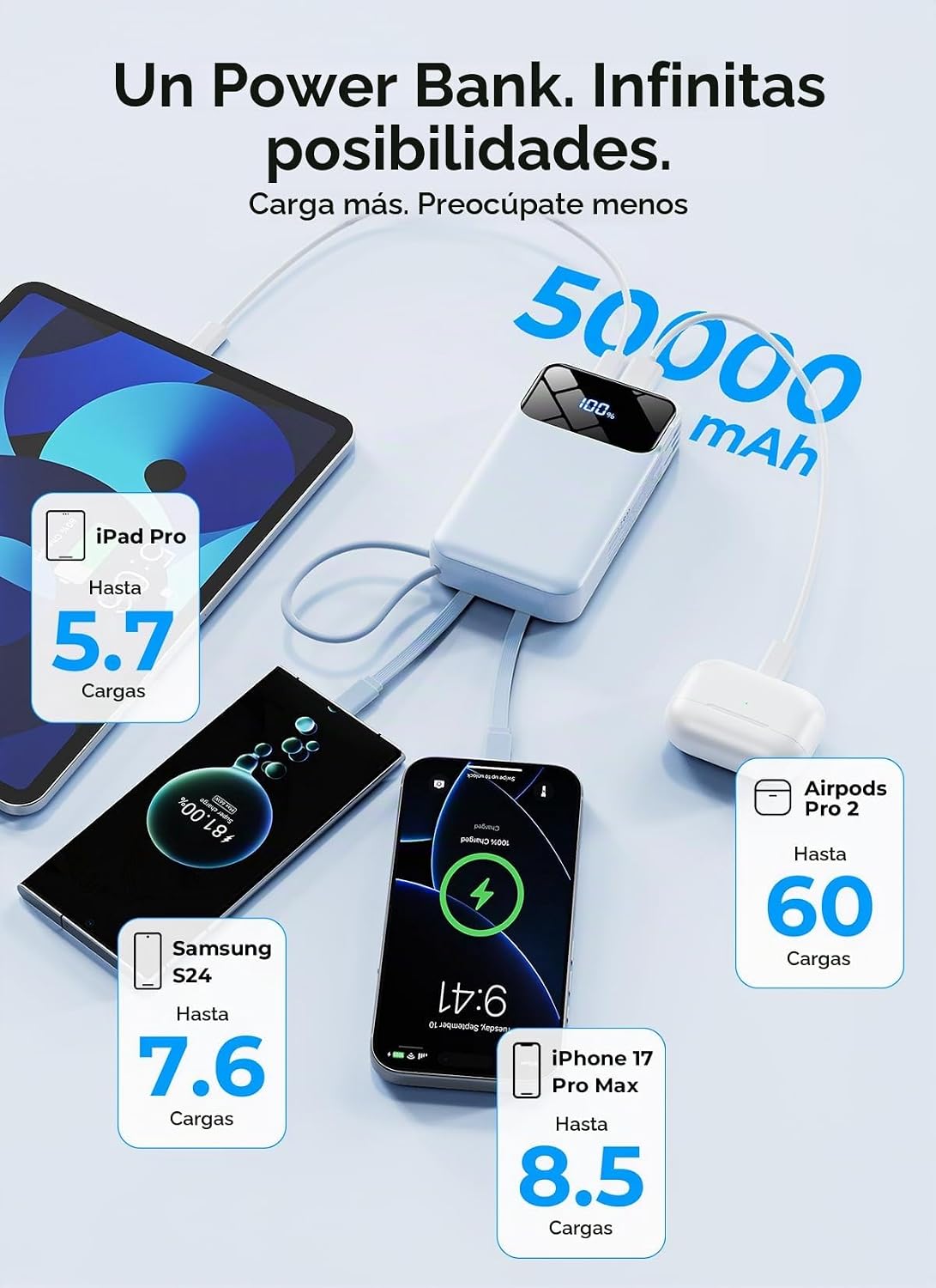 Cargador portátil de 50000 mAh, banco de energía con cables incorpo...