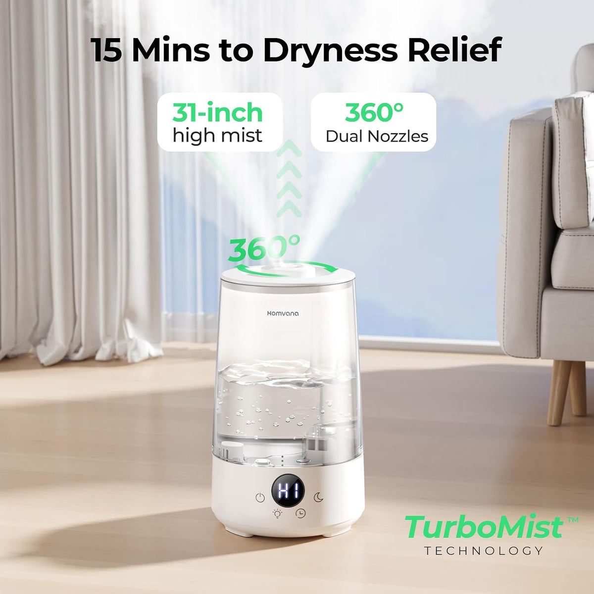 Homvana Humidificadores para dormitorio y hogar, 3.6 L de llenado s...