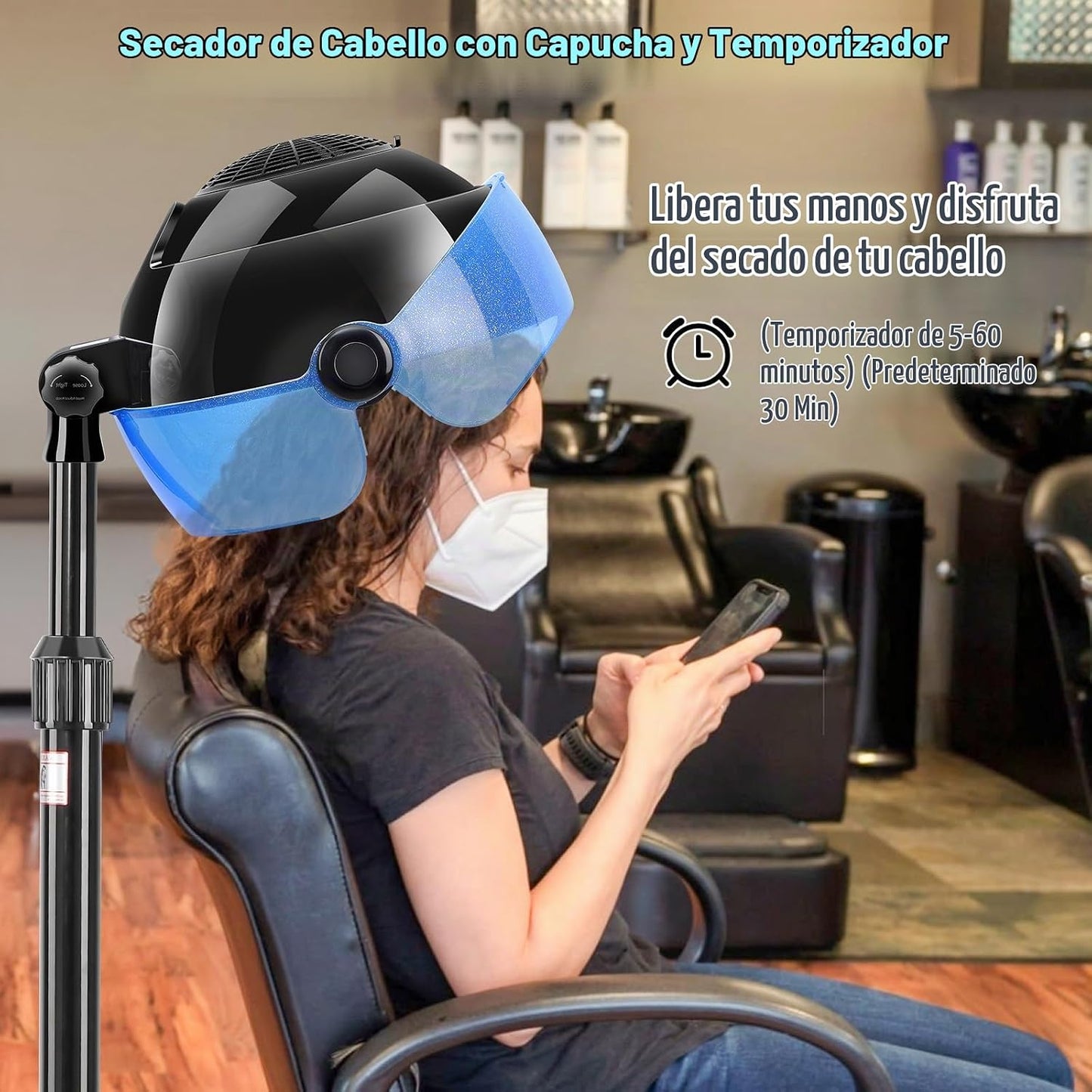Secador de pelo con capucha, secador de pelo de pie de 1500 W con a...