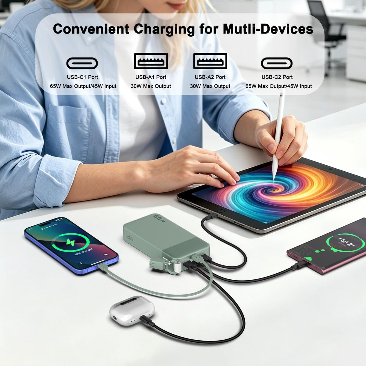 Cargador portátil NOBIS 20000mAh 65W Power Bank con cable desmontab...