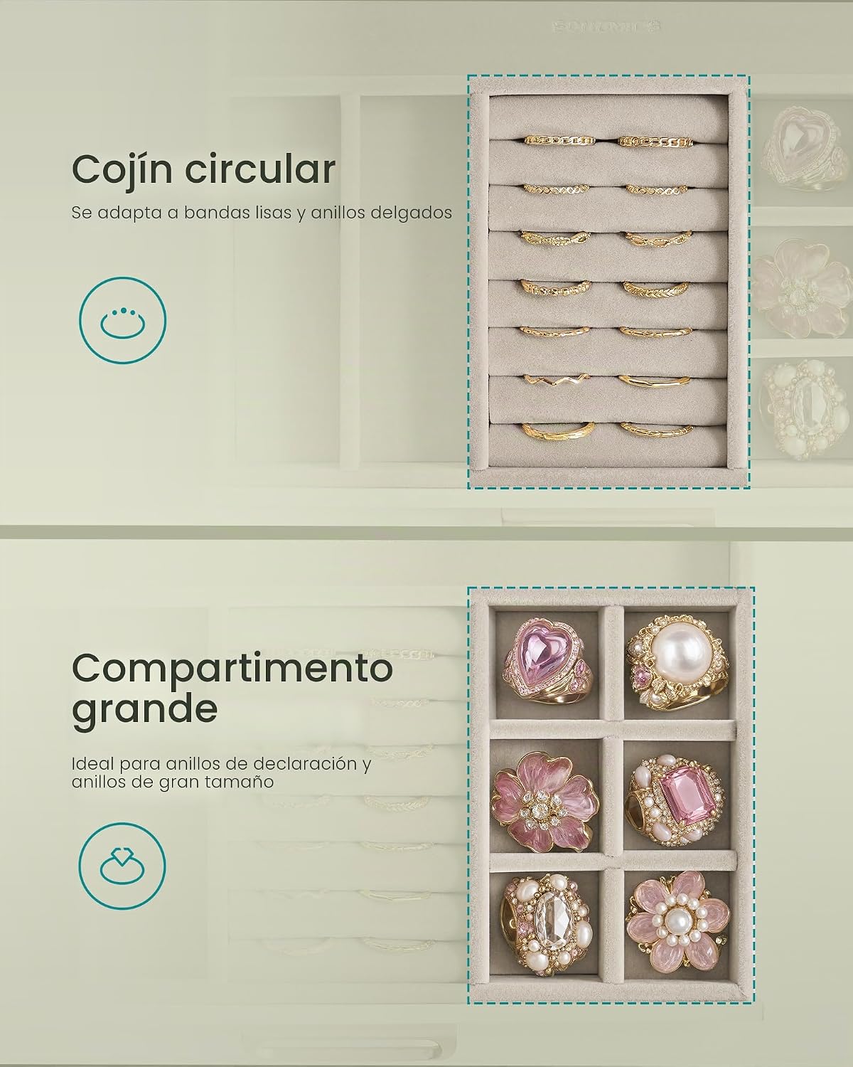 SONGMICS Joyero de 3 capas con ventana de cristal, organizador de a...