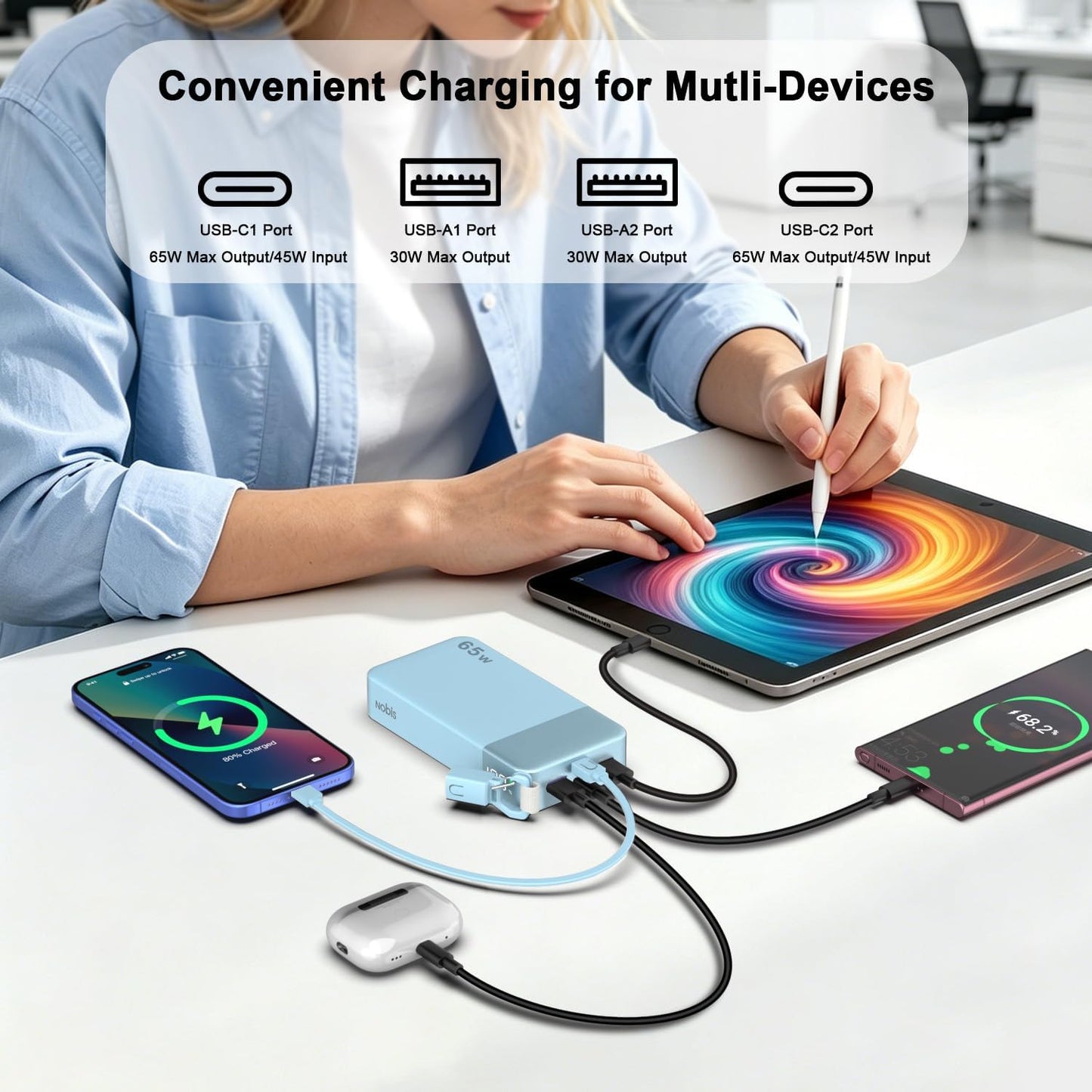 Cargador portátil NOBIS 20000mAh 65W Power Bank con cable desmontab...