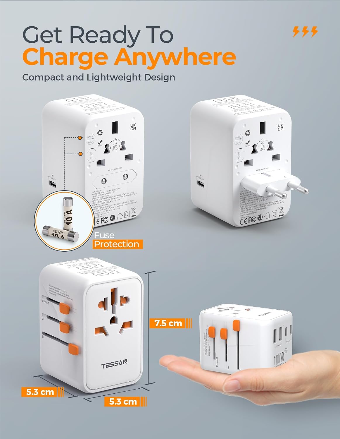 Adaptador de viaje universal TESSAN 100W GaN | Adaptador de corrien...