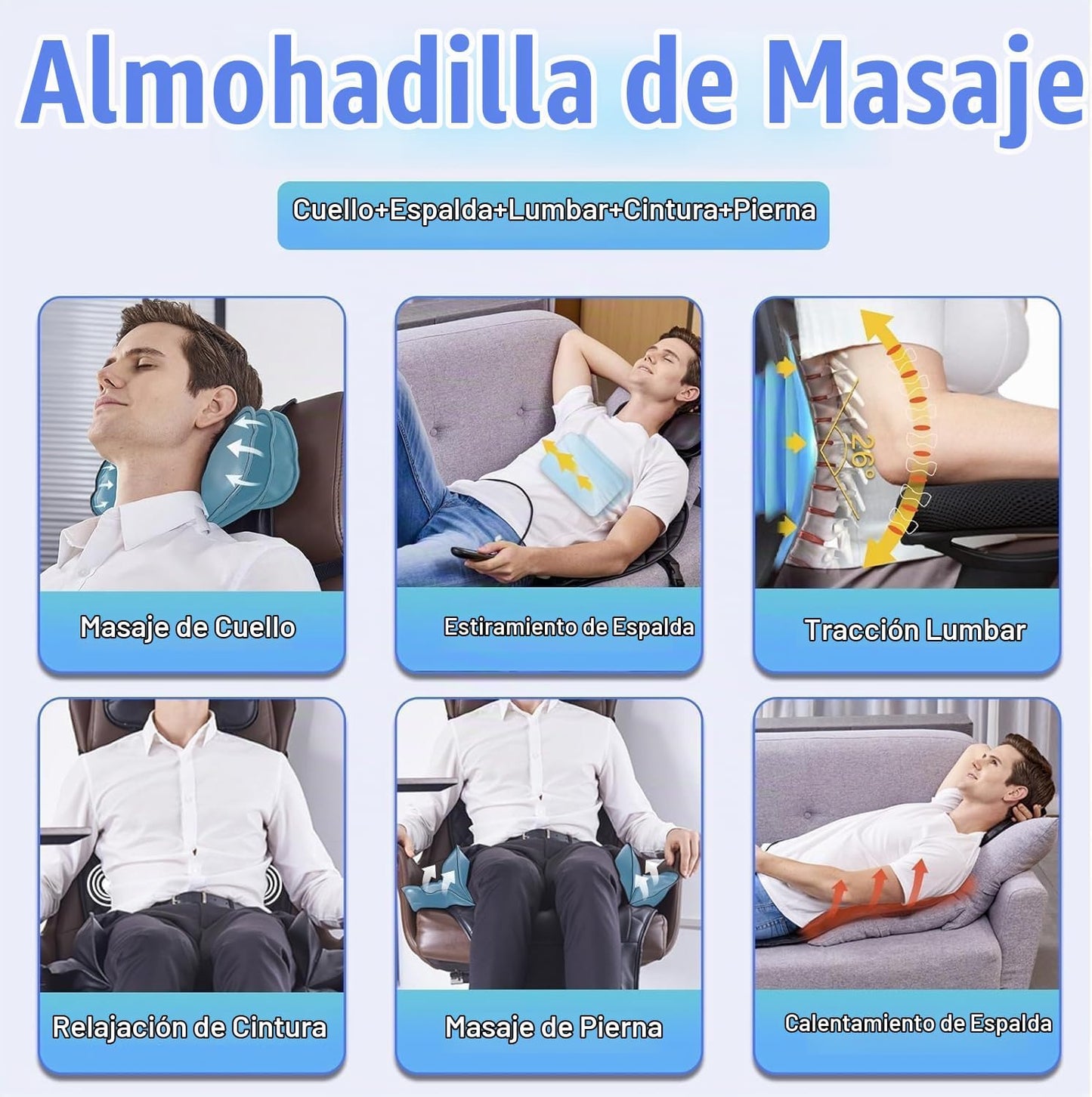 Masajeador de espalda con calor, tracción y vibración, almohadilla...