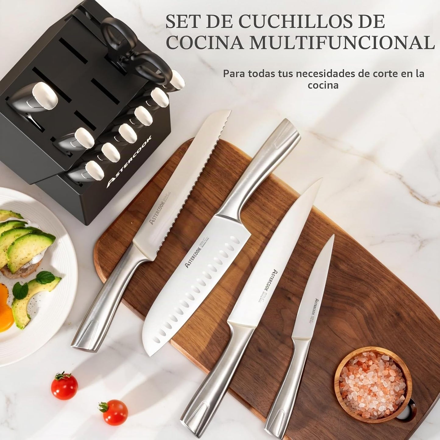 Astercook Juego de Cuchillos de Cocina con Bloque y Afilador Full T...