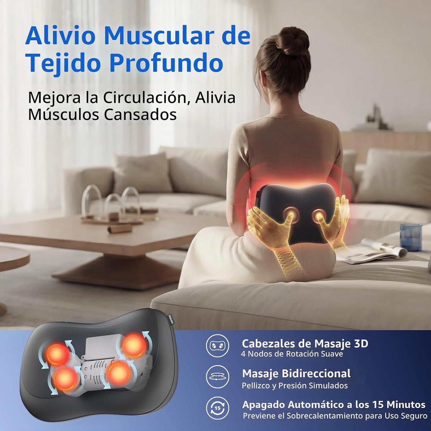 PHILIPS Masajeador de espalda con calor, almohada de masaje de cuel...