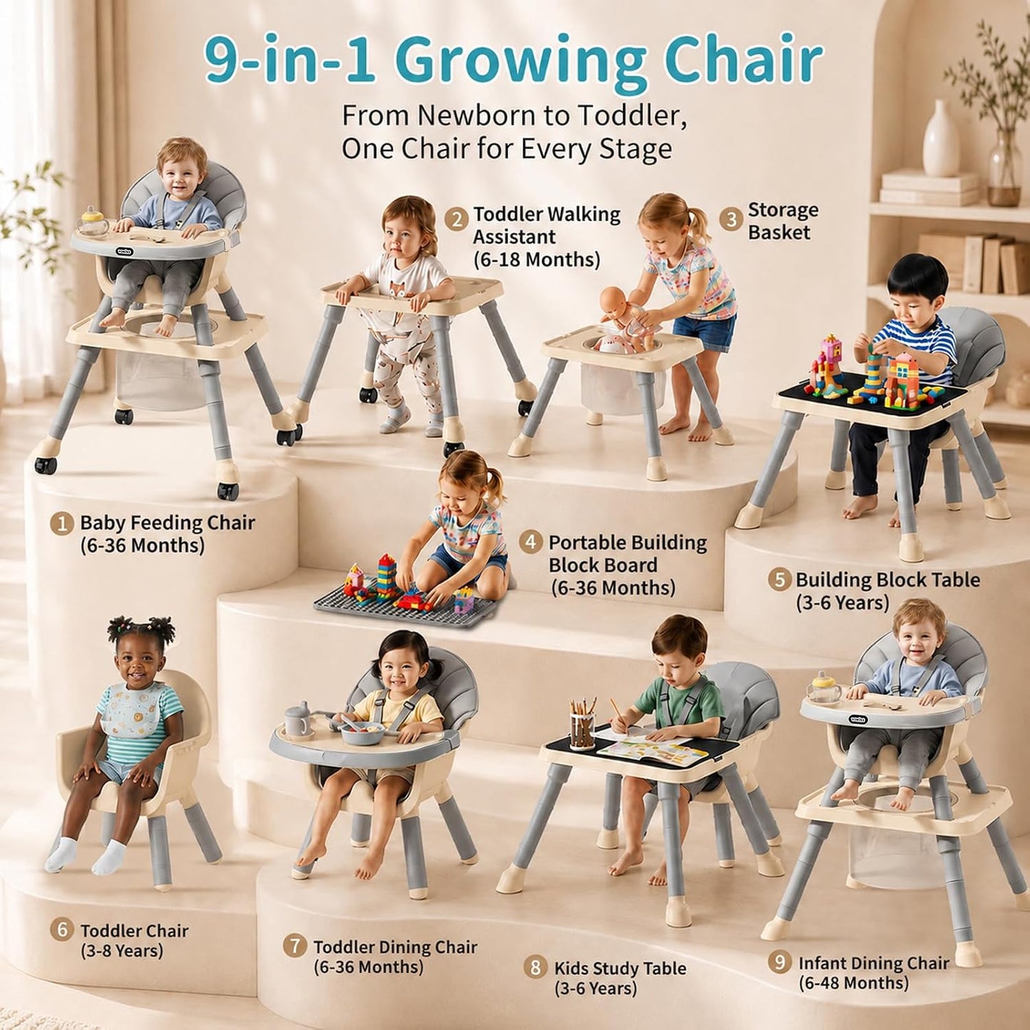 Silla alta 9 en 1 para bebés y niños pequeños con mesa de bloques d...