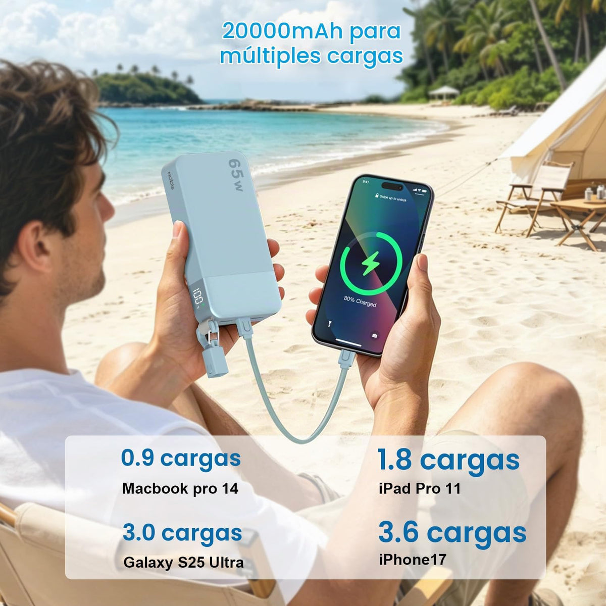 Cargador portátil NOBIS 20000mAh 65W Power Bank con cable desmontab...
