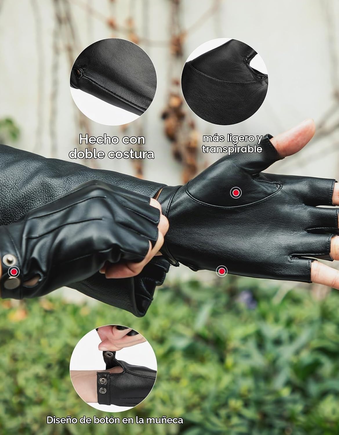 KEMIMOTO Guantes de conducción sin dedos, de cuero sintético PU, pa...