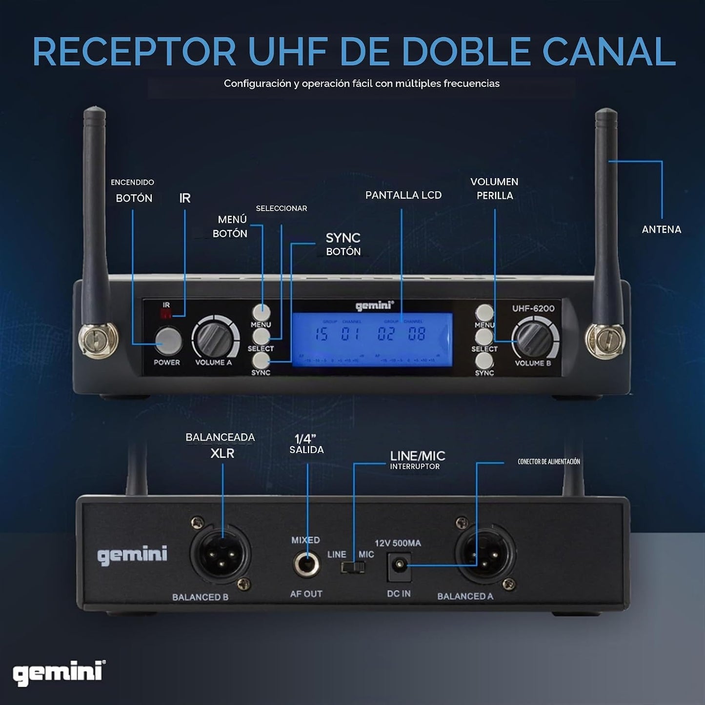 Gemini Auriculares duales UHF y sistema de micrófono inalámbrico La...