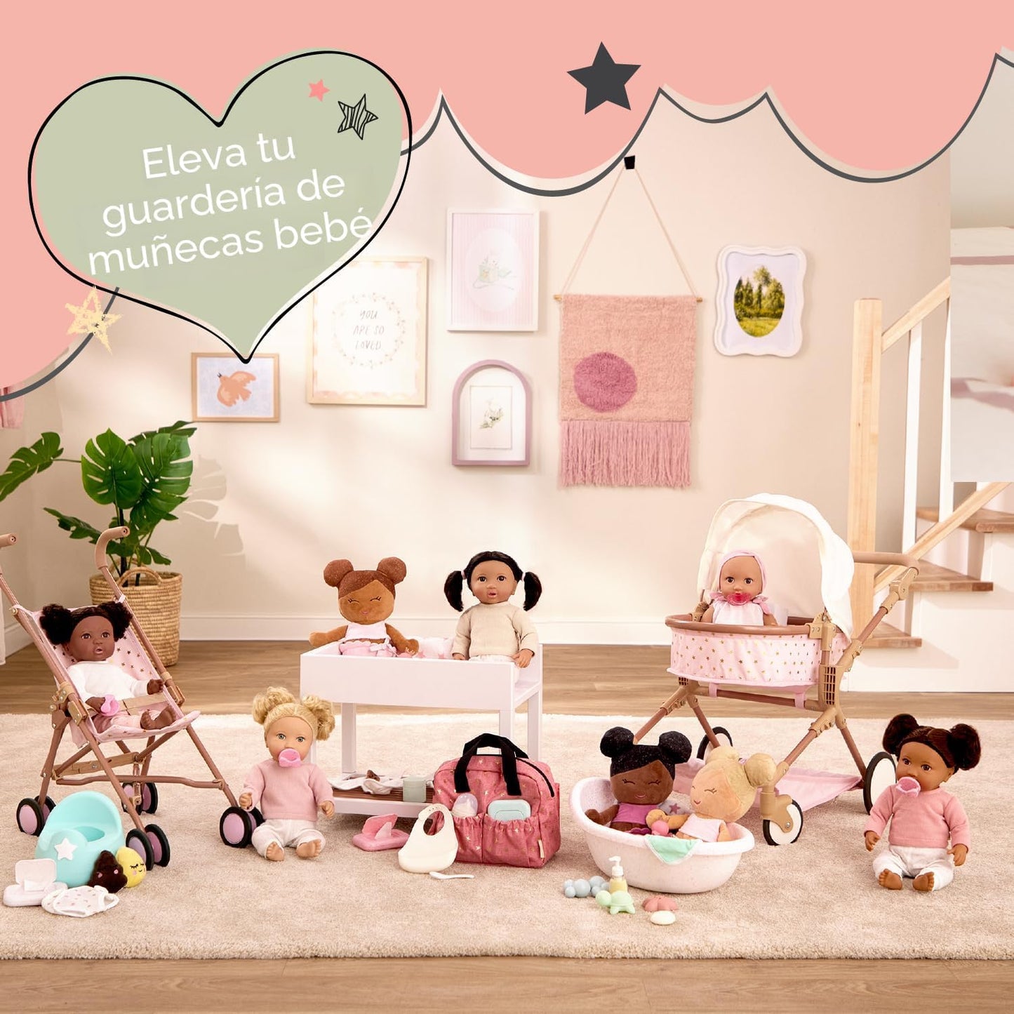 LullaBaby Juego de guardería de muñecas con cochecito, corralito y...